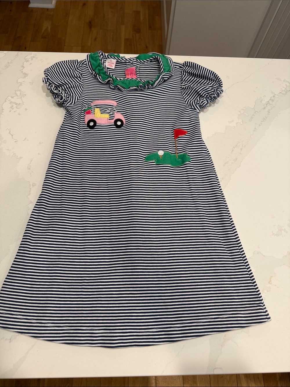 Striped Navy and White Golf Appliqué Dress with Green Collar